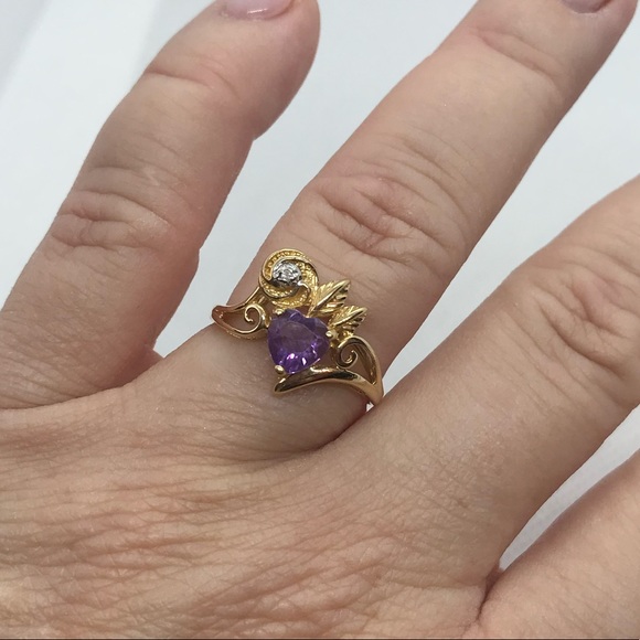 14kt yellow gold heart shaped amethyst and diamond ring size 7 3/4 - Picture 1 of 4